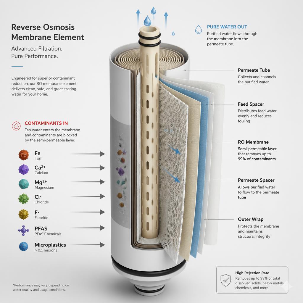 BooOne RO membrane element cutaway showing contaminant removal at the molecular scale