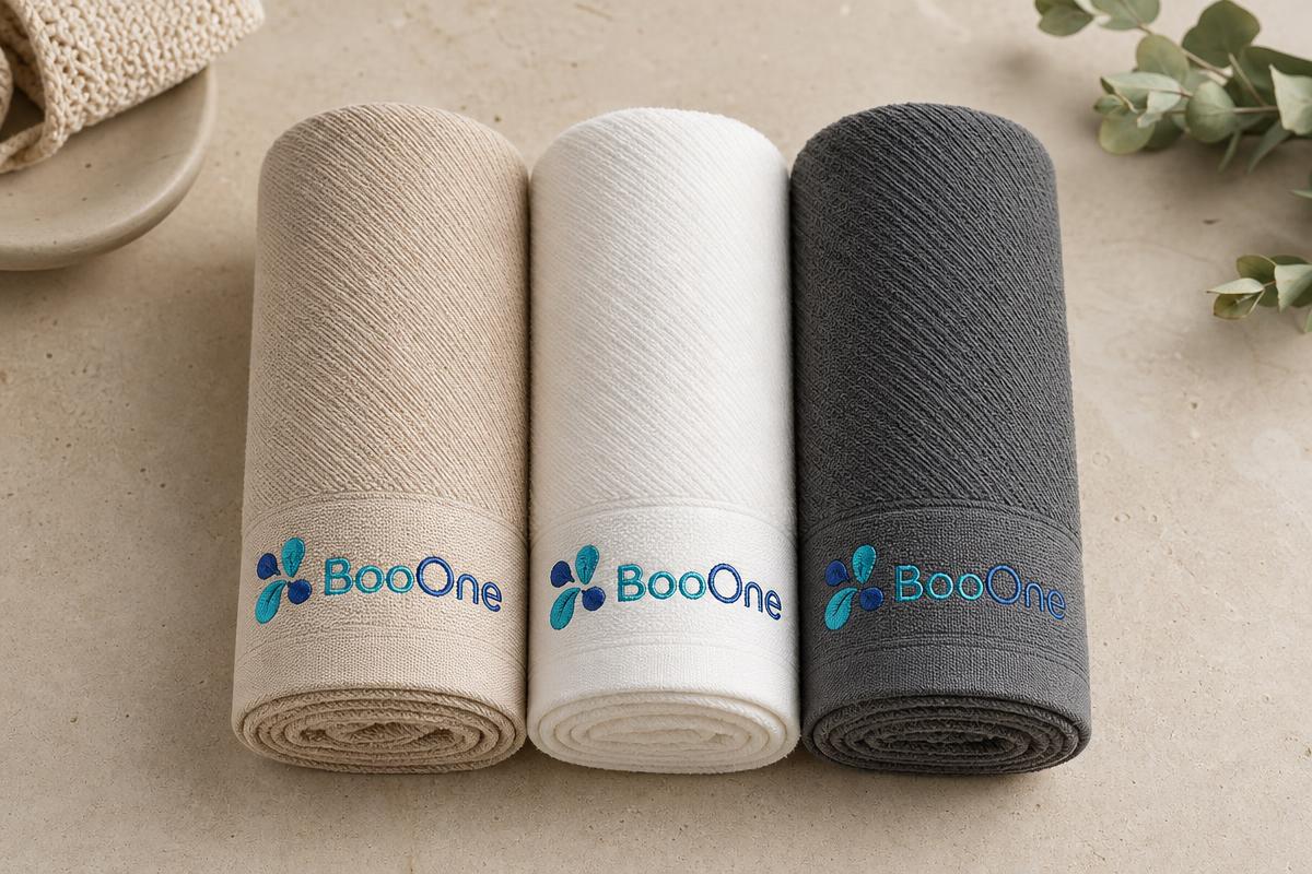 Three rolled BooOne cotton hand towels in sand, silver white and charcoal, each embroidered with the BooOne logo